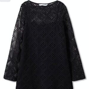 Mango Geometric Pattern Openwork Dress in Black Size 12 (NWT)